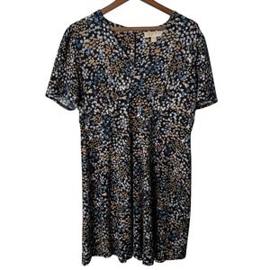 Michael Kors XL Navy Blue Floral Daisy Textured Crepe Mini Dress V-Neck A line